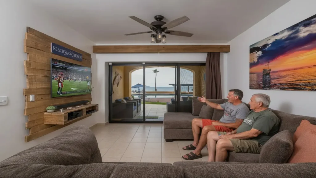 Living room with TV and comfortable seating inside beachfront condo