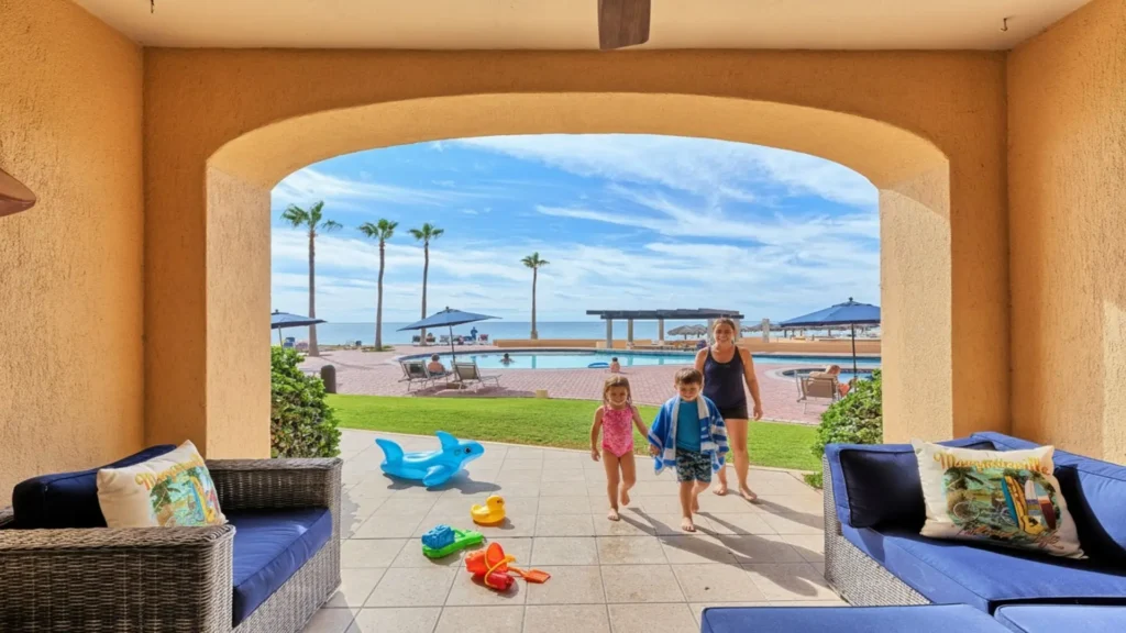 Family-friendly ground-floor condo patio with direct access to the pool at Sandy Beach resort