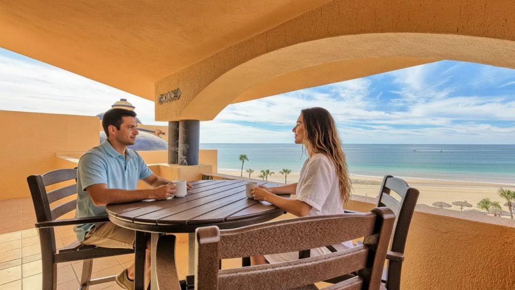 Outdoor balcony area with comfortable seating for enjoying the sea breeze.