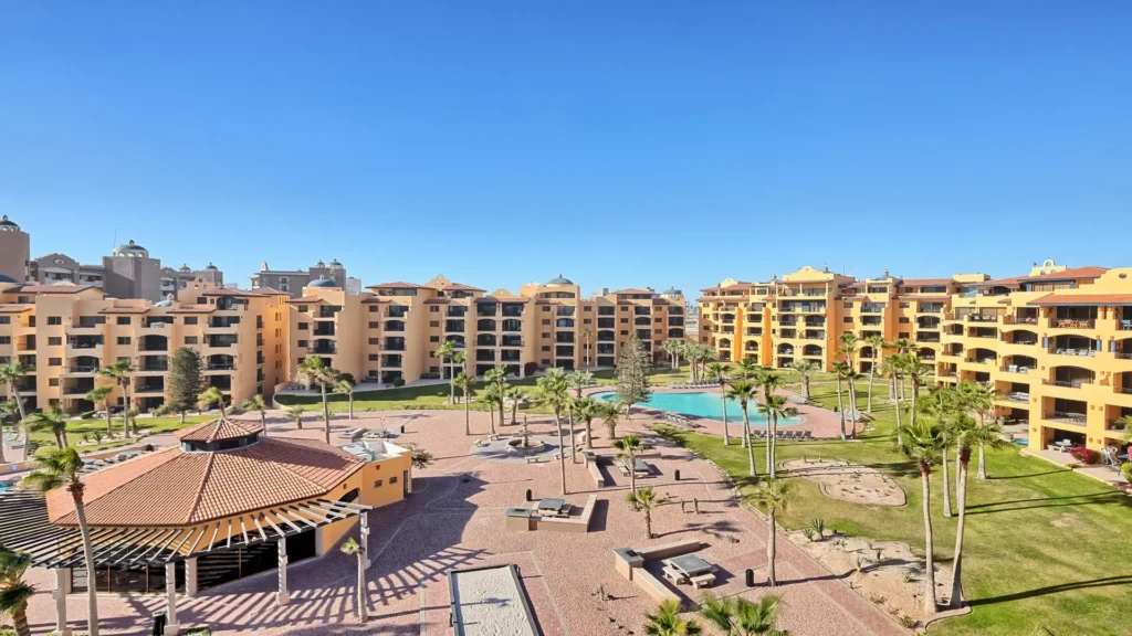 Dining room view overlooking the C pool and resort courtyard