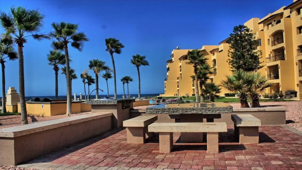Comfortable outdoor seating on the Princesa Resort grounds, perfect for watching the sunrise, sunset, or the beach near 3BD D503 at Rocky Point Sandy Beach.