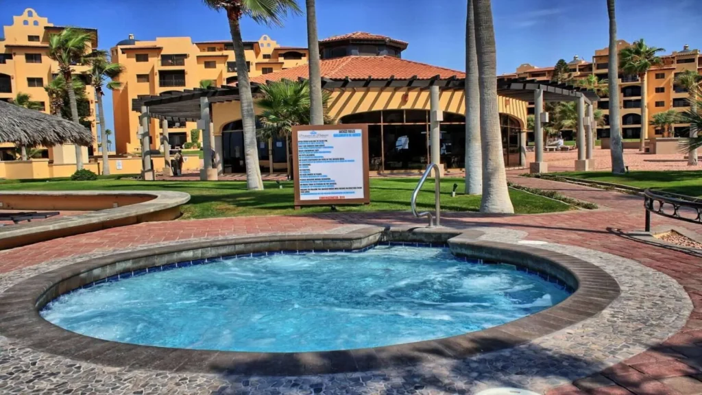 View of the heated pool area at Princesa Resort near Rocky Point Sandy Beach, visible from 3BD D503 for year-round swimming comfort.