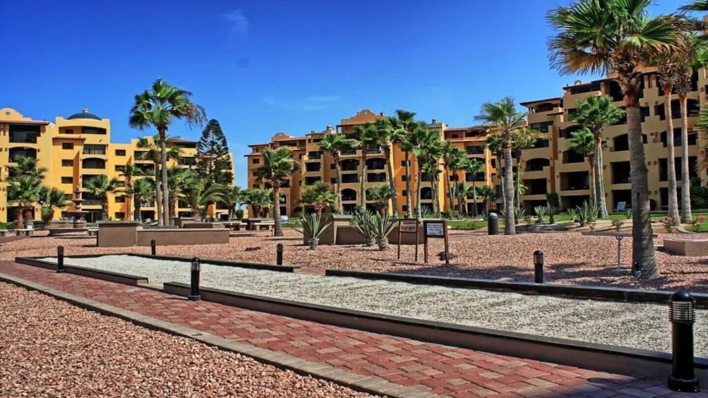 Beautifully maintained property grounds of the Princesa Resort, offering lush landscaping and pathways near 3BD D503 at Rocky Point Sandy Beach.