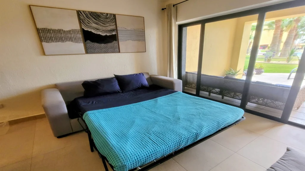 Pull-out queen sofa bed for added sleeping space.